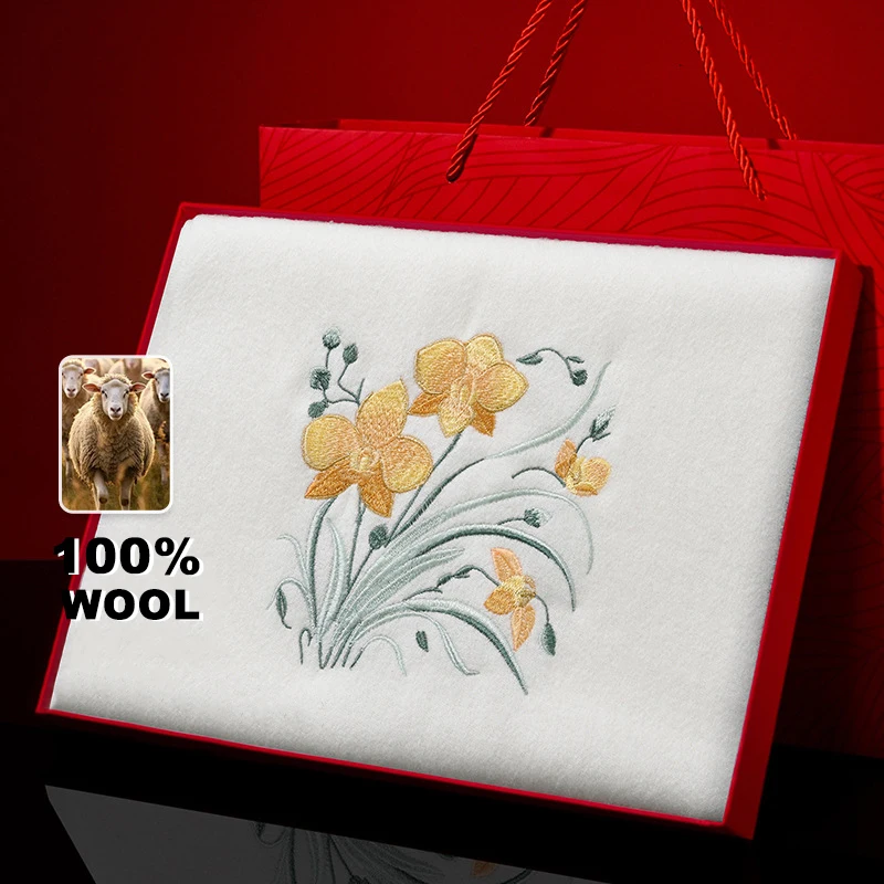 

Winter 100% Wool Scarf for Women Peony Embroidery Cashmere Scarves Hijab Long Warm Solid Lady Shawl Wrap Pashmina Bandana Poncho
