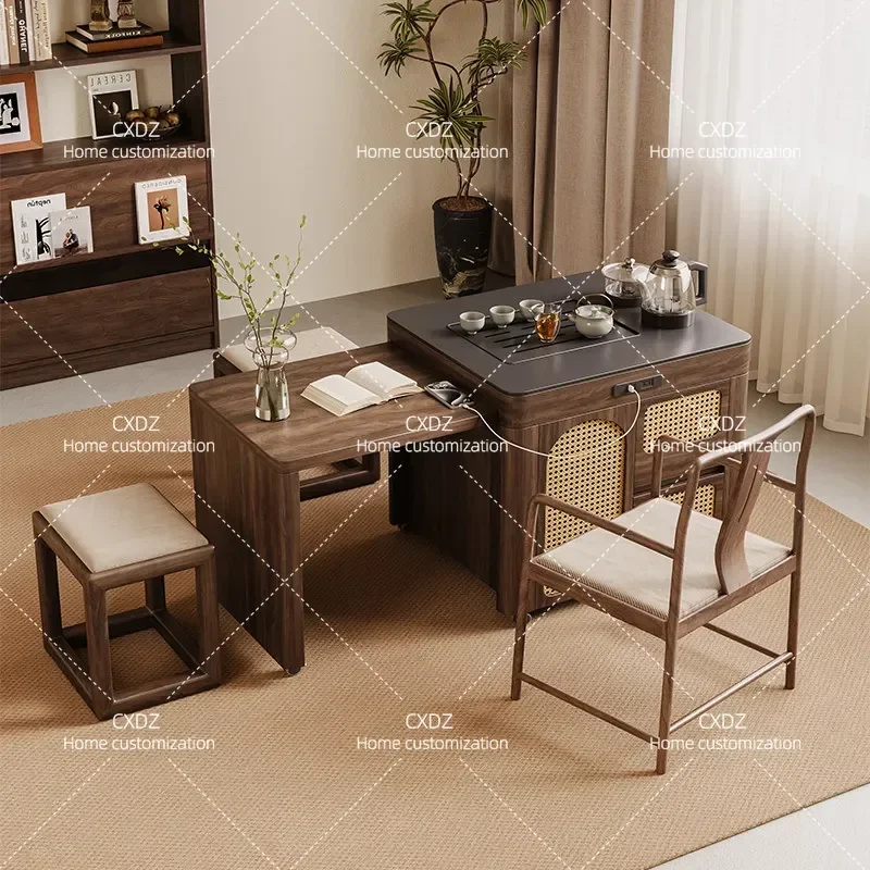 North American Black Walnut Multi-functional Mobile Retractable Tea Table with Kettle Integrated Rock Slab Surface for Small
