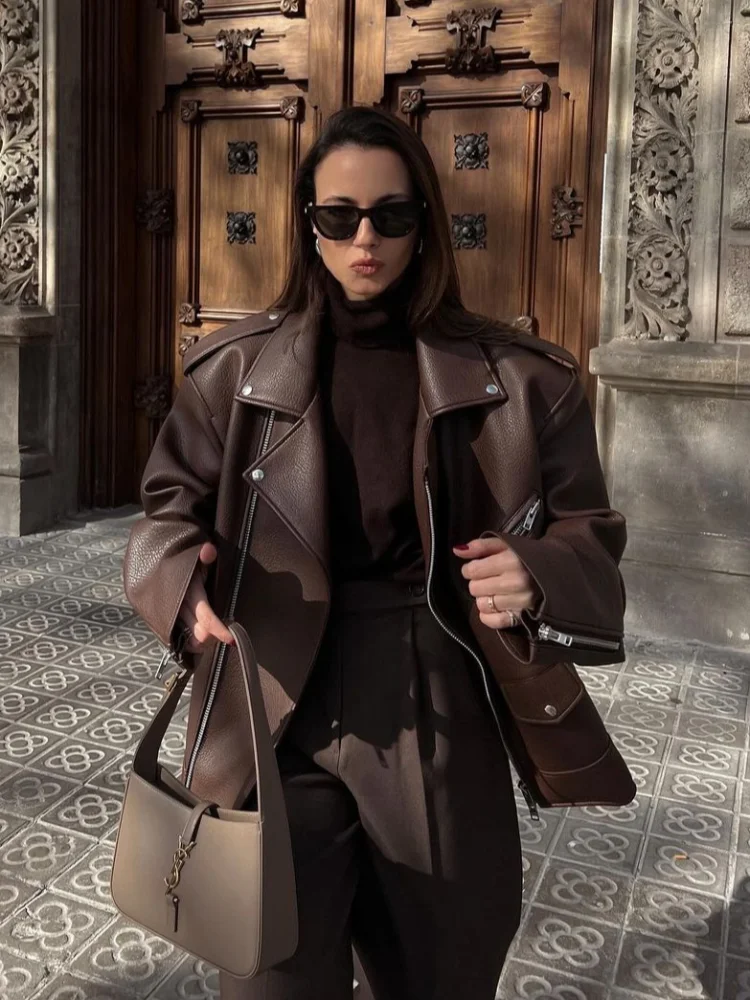 Chaqueta de piel sintética con solapa para mujer, abrigo informal con bolsillos y cremalleras lisas de PU, ropa de calle femenina, fresca, otoño