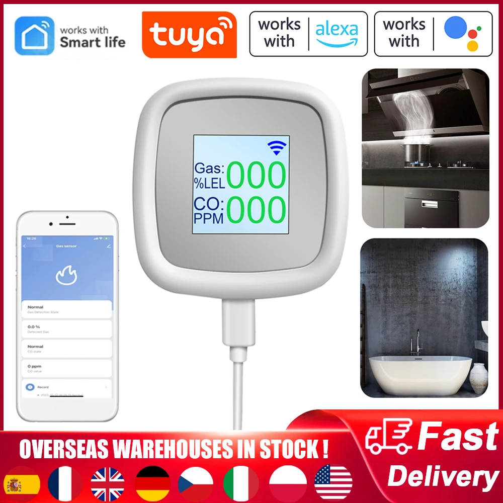 Tuya WIFI Combustible Gas Detector Gas Alarm Digital Gas Detection Sensor Gas Leak Tester Sound Alarm Smart Air Quality Detector