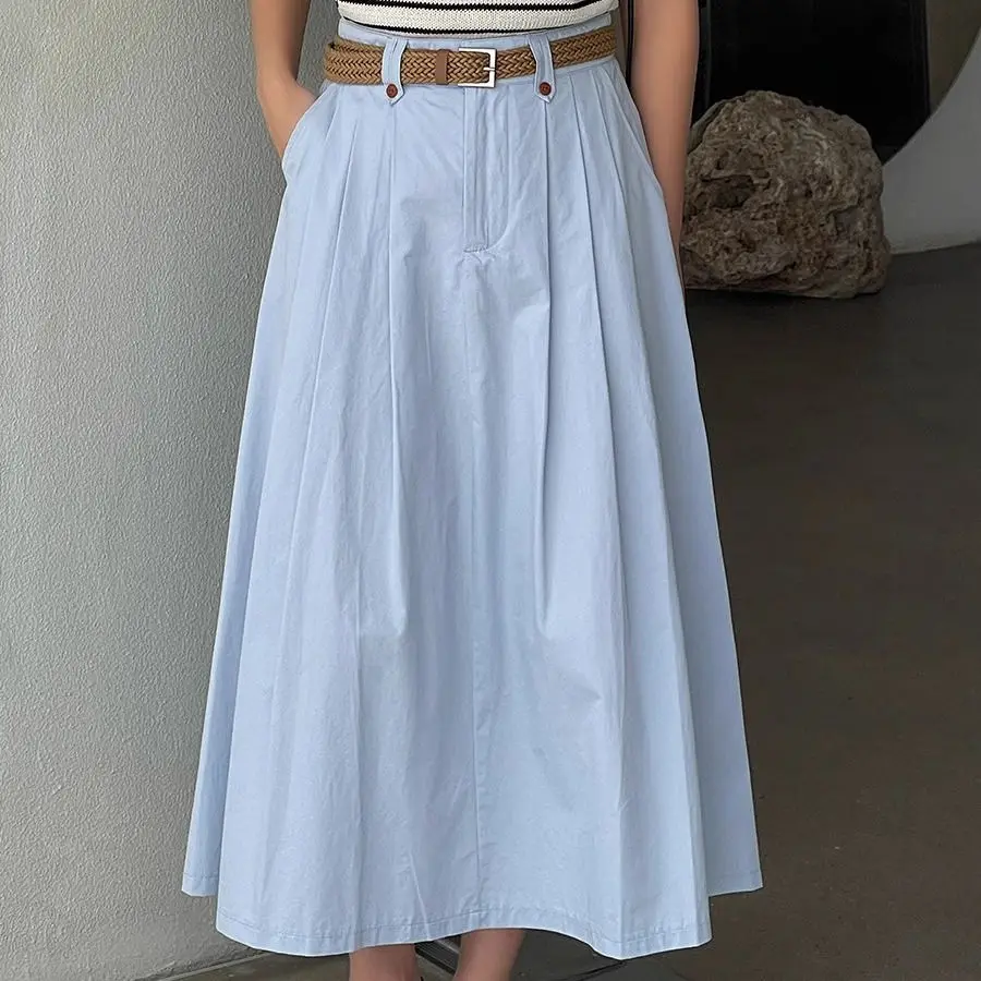 

Long Skirt High Quality Tencel Cotton Women'S 2024 New Summer Skirt Korean Style Temperament Pleated Skirt High Waist Slim Skirt