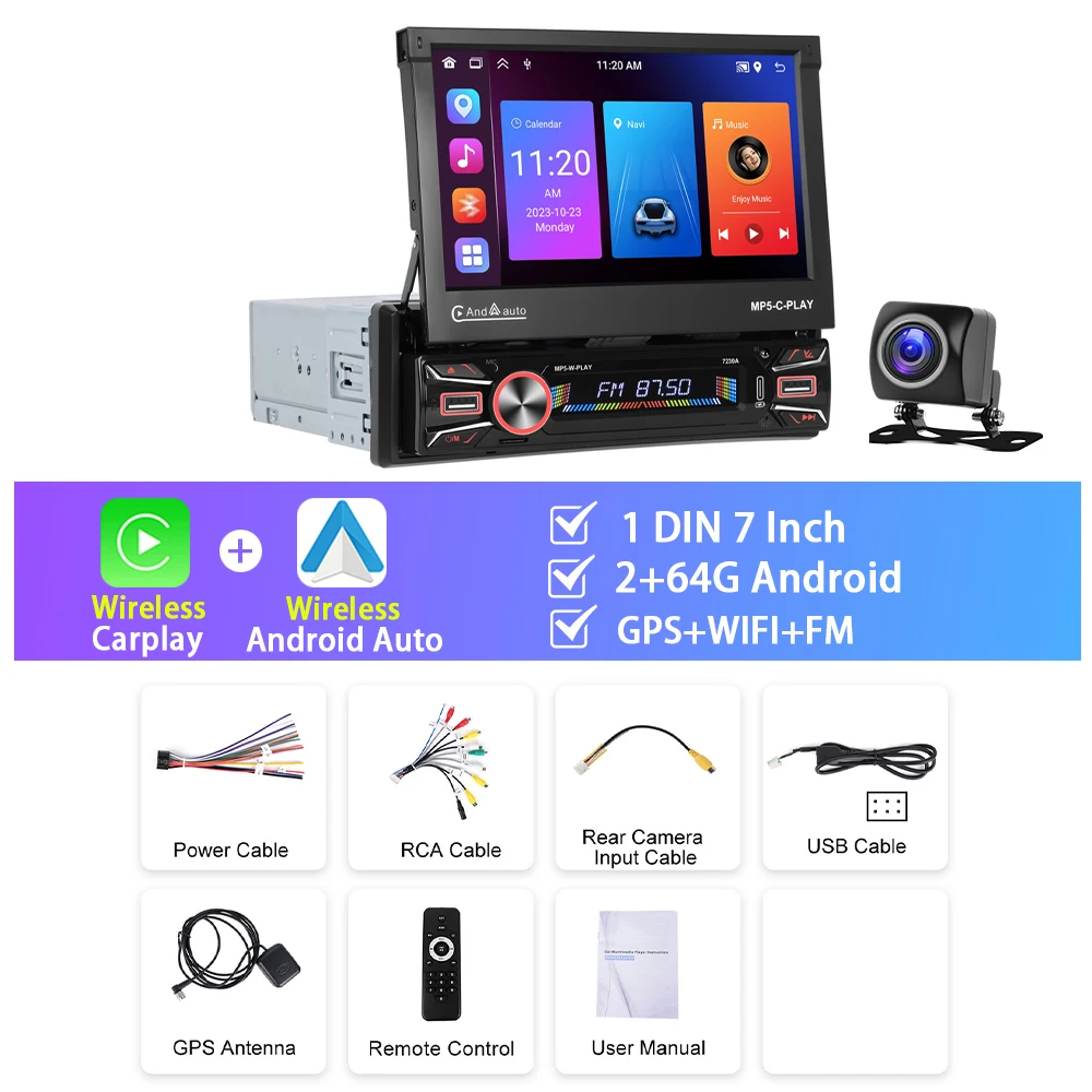 Podofo 7 ''Capacitieve Handleiding Opvouwbare Touchscreen 2 + 64G Multimedia Speler Carplay Android Auto Wifi Gps Fm Android Autoradio