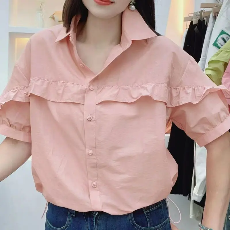 Women\'s 2024 Summer Splicing Turndown Collar Button Fashion Solid Color Ruffle Edge Waist Wrap New Loose Casual Ice Silk Shirt