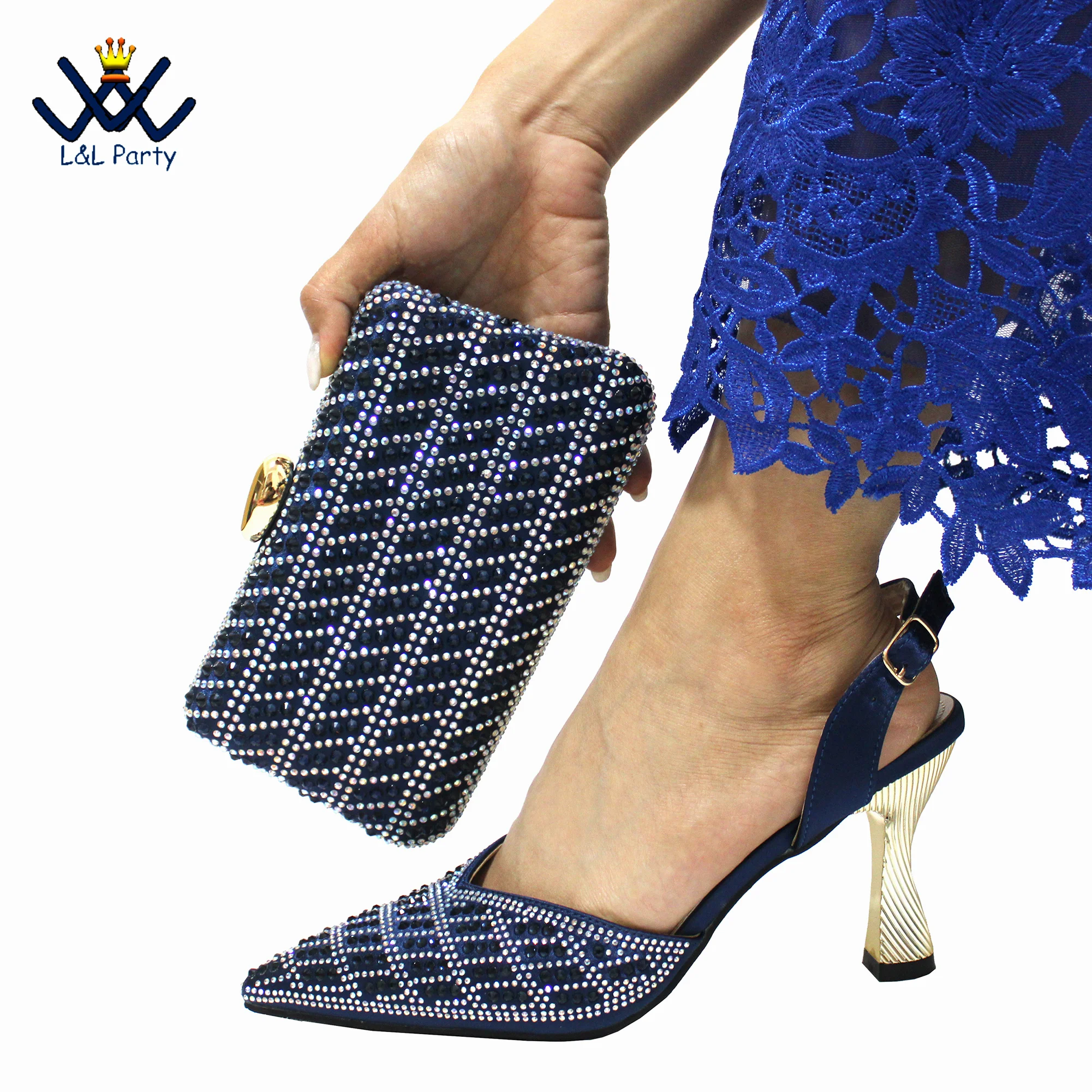 

Navy Blue High Quality New Arrivals Nigerian Women Shoes Matching Bag Set with Shinning Crystal Sexy Style for Party