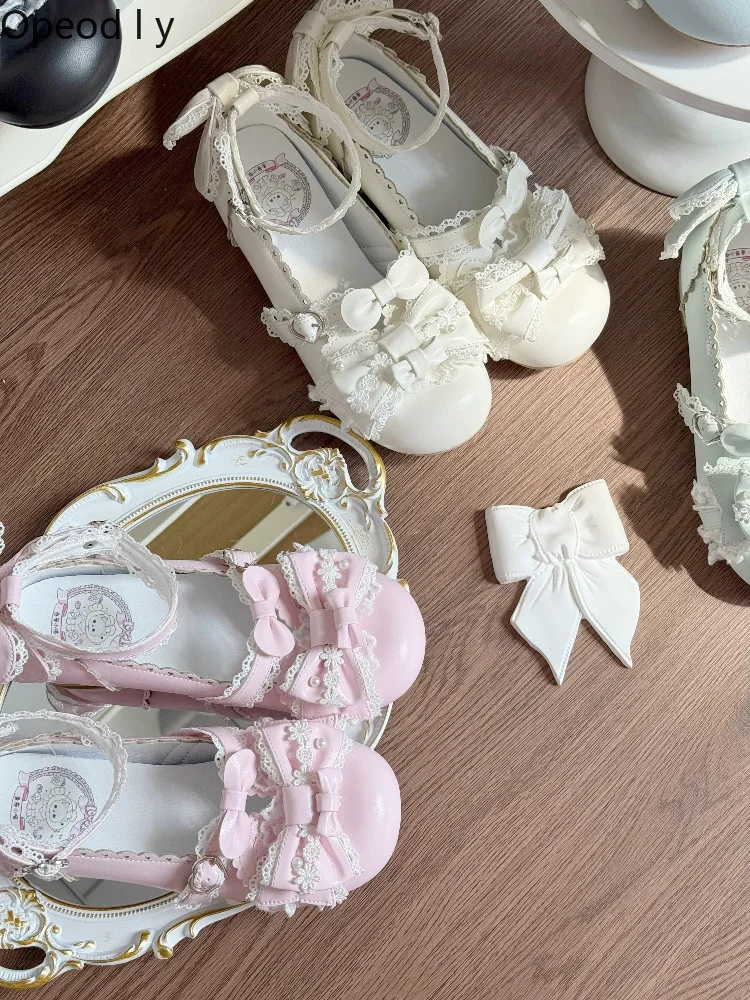 Lolita Original Design Sweet and Cute Girl Low-heeled Single Shoes Japanese Round Head Thick Heel Lace Bow Light Mouth Lo Shoes