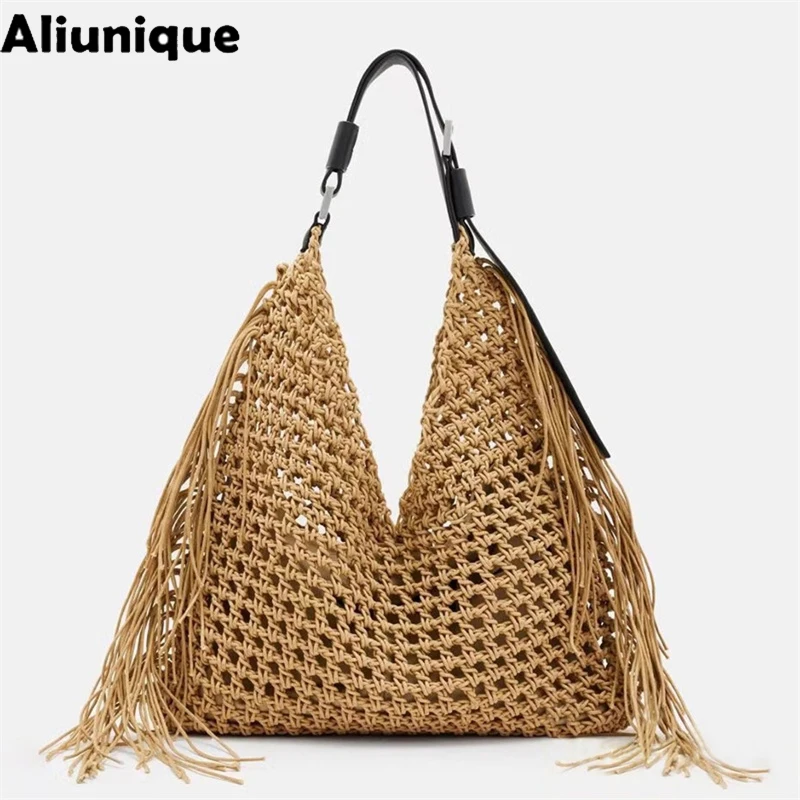 Retro Tassel Woven Shoulder Bag Women Hollow Out Crochet Tote Bag Beach Bag Large Capacity Casual Fashion Versatile Shopping Bag