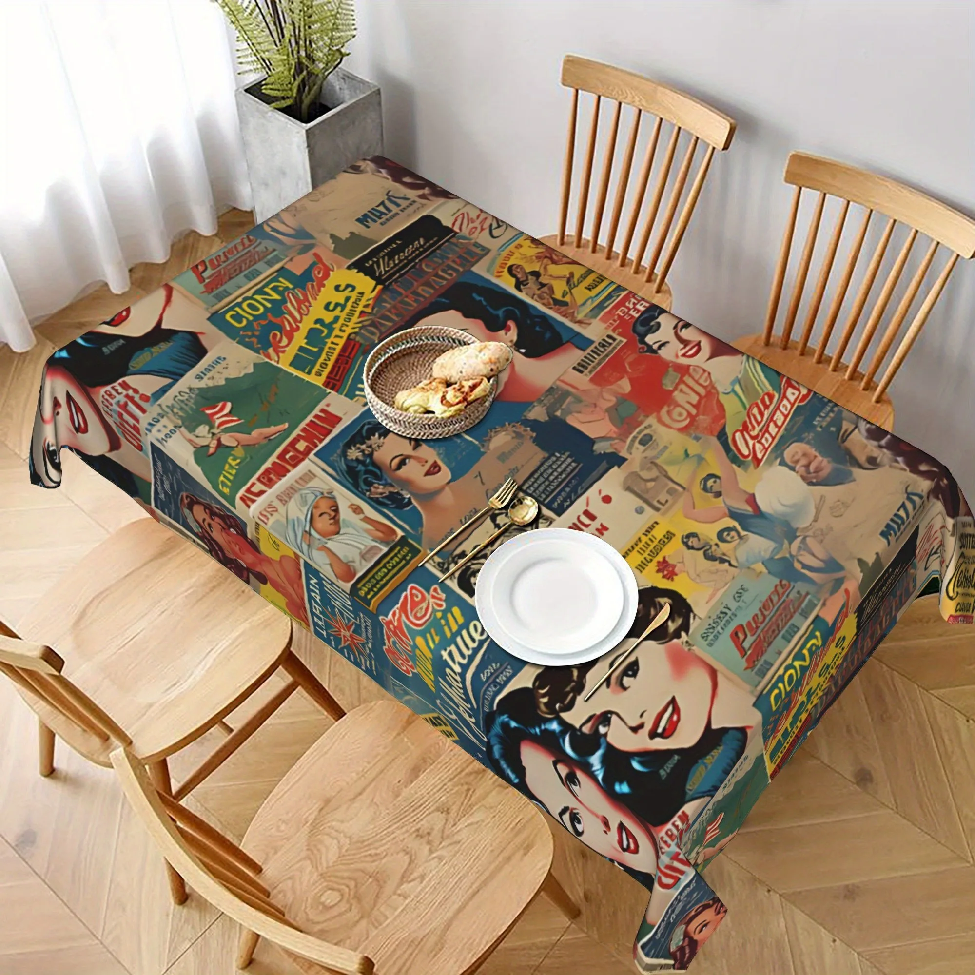 Tablecloth 1 piece. Retro 60s movie poster style tablecloth. Country farmhouse design.