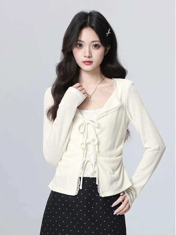 ort Knitted Long Sve T-irt Women's Autumn Winter New Sle Lace  Knot Waist Cinching Top Korean Sle Pure Color