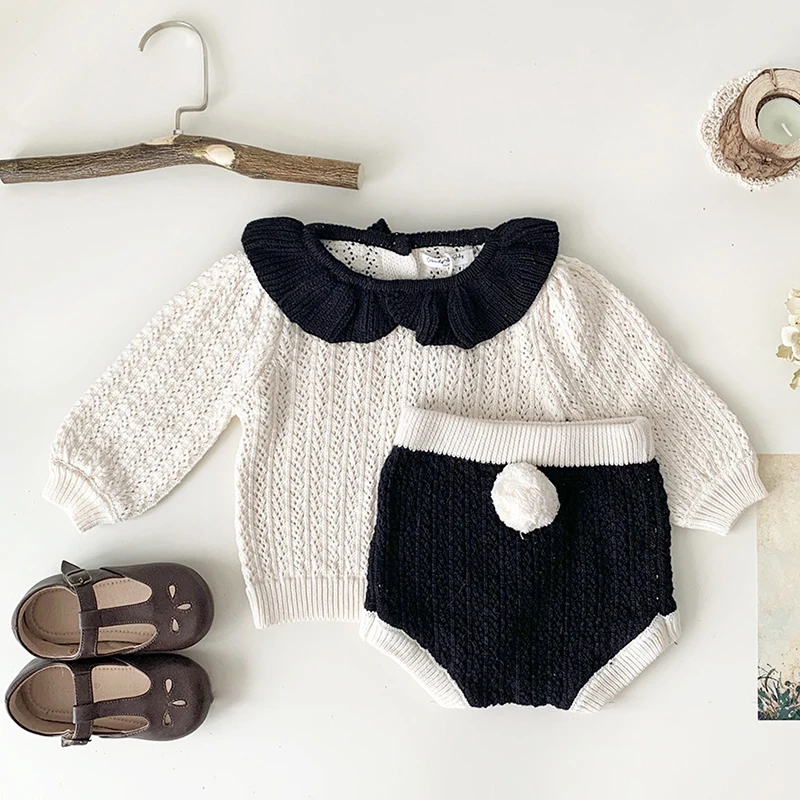 Autumn Spring Korean Style Newborn Baby Girls Clothing Set Long Sleeved Sweater+PP Shorts Toddler Baby Girl Clothes Suit