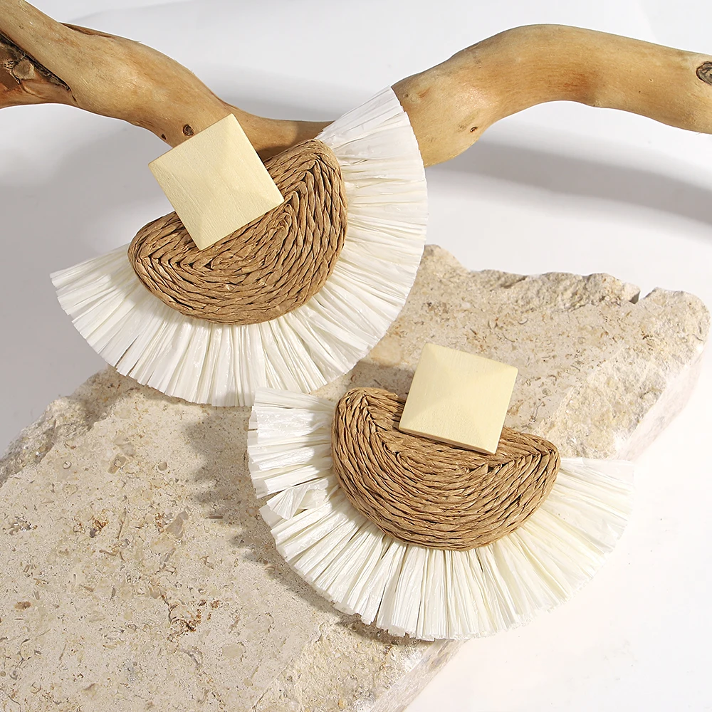 AENSOA Natural Raffia Woven Fan Shaped Drop Earrings for Women Lightweight Handmade Geometric Wooden Earrings Beach Jewelry Gift