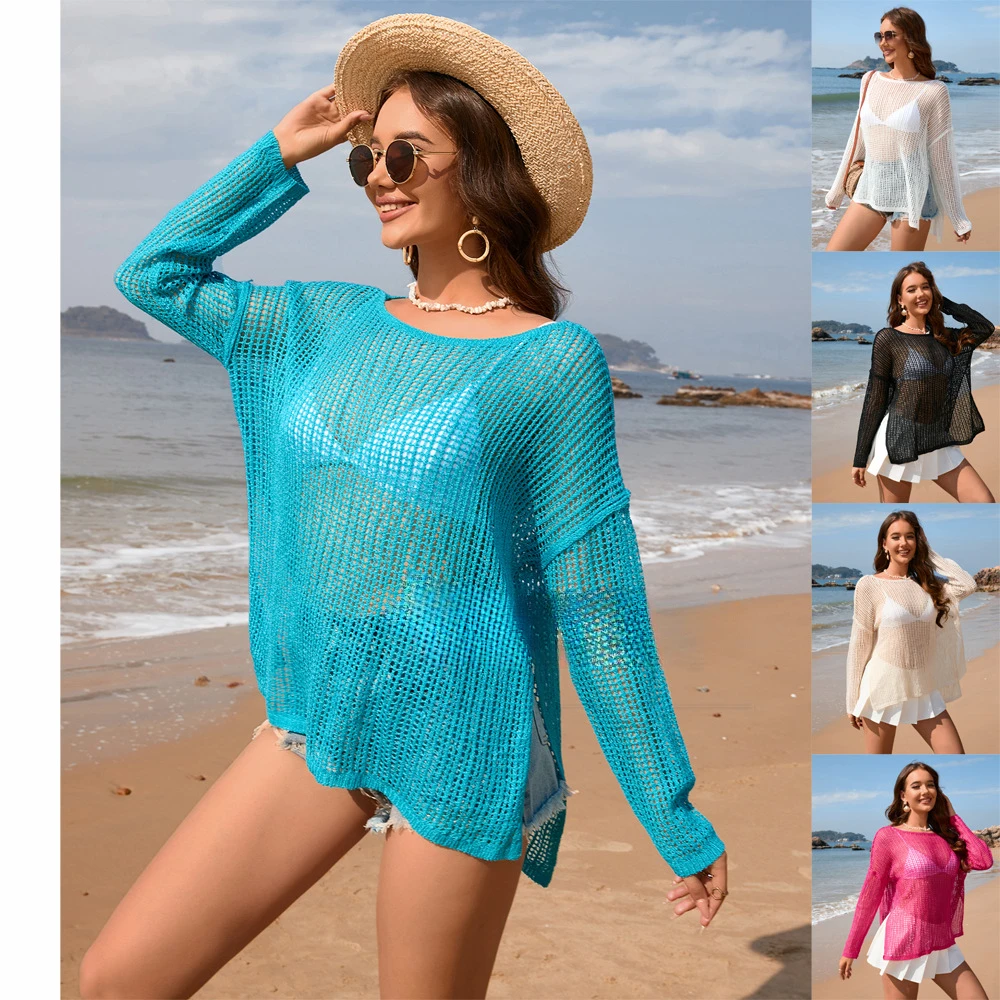 

Spring/summer 2024 New Europe and America Amazon blouse solid color long sleeve knitted fashion holiday split wome