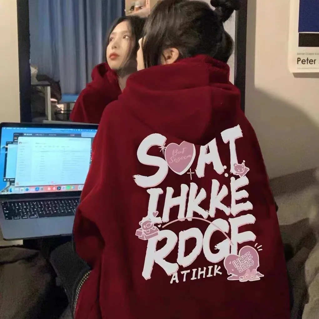 

2024 New Spring And Winter Outdoor Trend Coat Light Luxury Top Hiphop Wine Red Women's Cotton Hooded Hoodie Women's Pullover