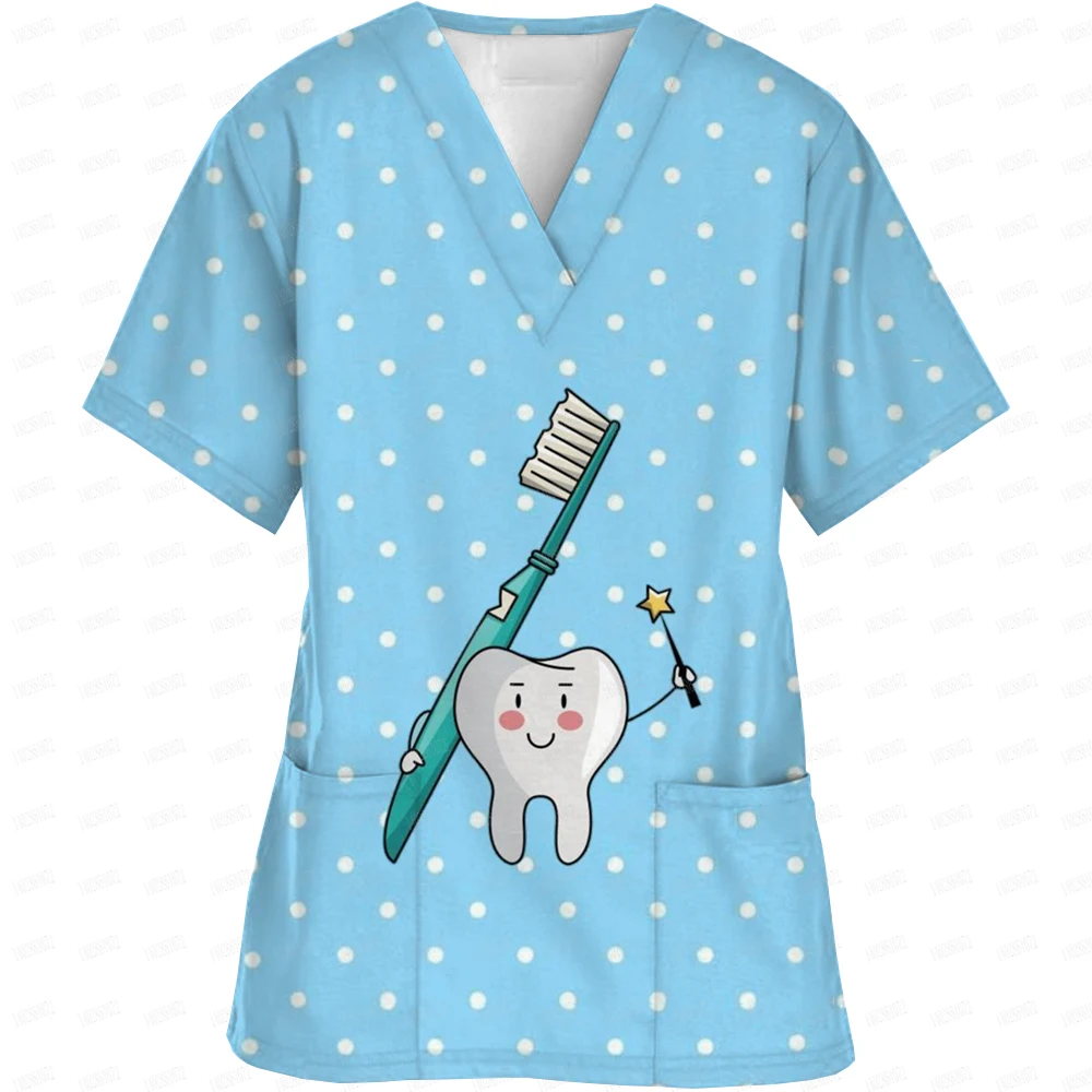 Women Nurse Uniform Cartoon 3d Print V-Neck Pocket Medical Uniforms Cartoon nurse Nursing Scrubs Tops Uniforme enfermera Kawaii