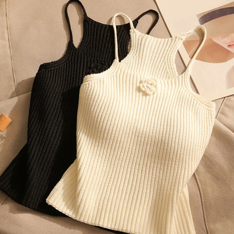 

Summer Sexy Flower Knitted Camisole Women's Solid Color Sleeveless Slim Crop Top