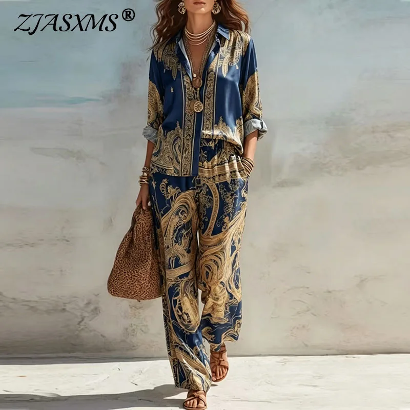 Boho-Stil Damen Muster-Print 2-teiliges Set Langarm-Hemd mit Knöpfen und Weite-Hosen-Set Neues Lässiges Urlaubs-Outfit