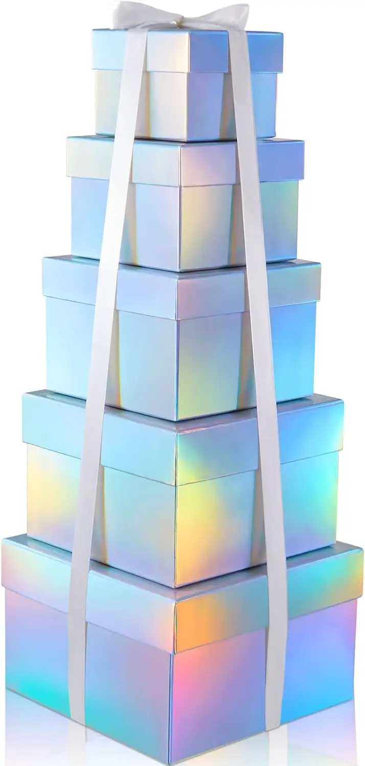 

Набор из 5 голографических серебристых квадратных подарочных коробок с крышками, разные размеры: 8, 7, 6, 5, 4 дюйма