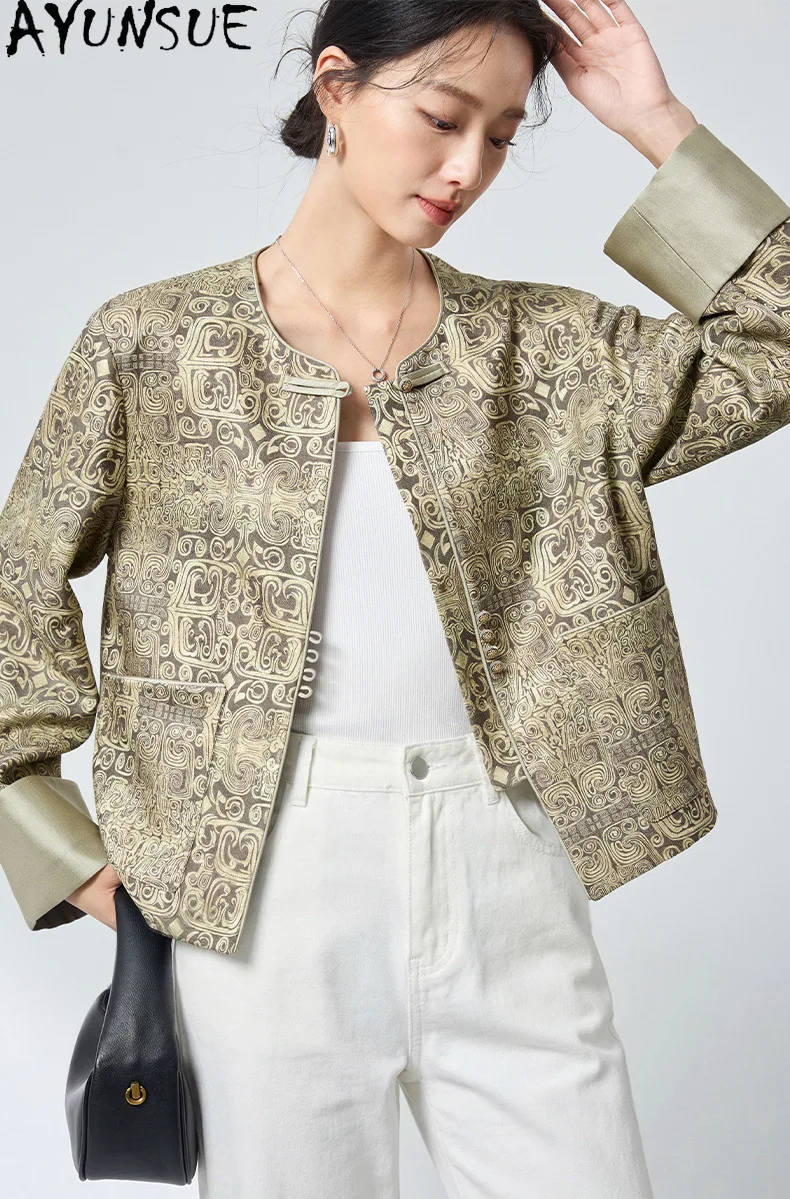AYUNSUE Mulberry Silk Wool Blend Woman Tops Chinese Printed Long Sleeve Tops Autumn Frog Button Women Clothes 2026 Tops De Mujer
