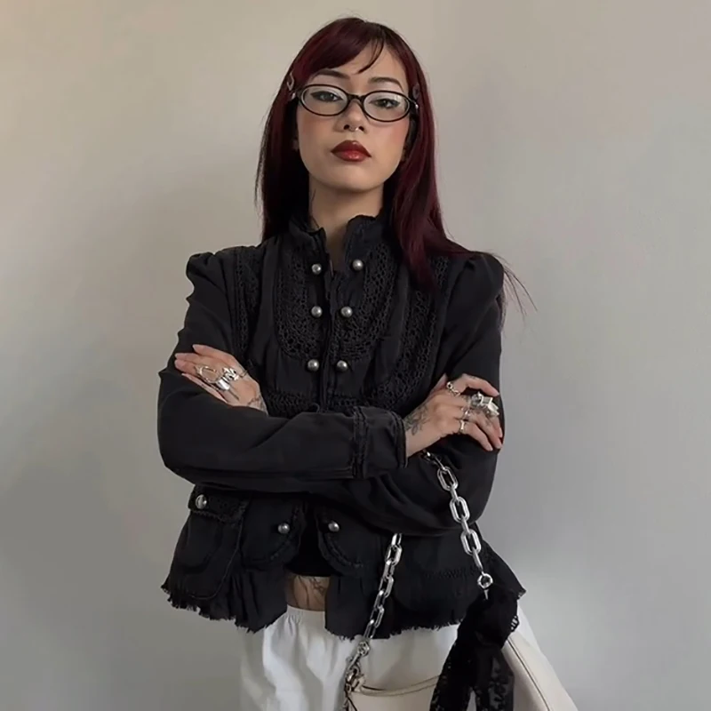 Vintage Lace Military Cropped Jacket Women Stand Collar Metal Button Fringe Hem Slim Outerwear