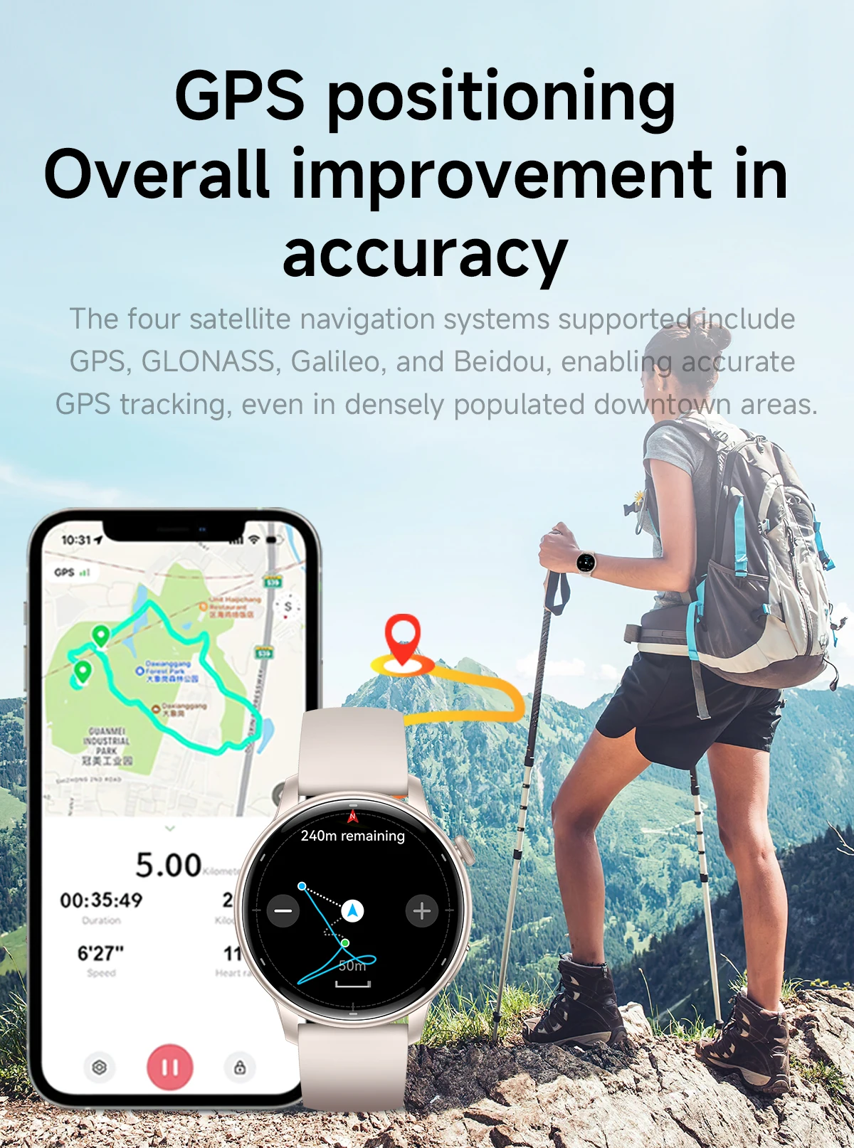 원렉스 GPS 스마트워치 여성용 1.32'' AMOLED 스크린 패션 여성 스마트워치 나침반 3ATM 방수 170+ 스포츠 모드 스마트워치