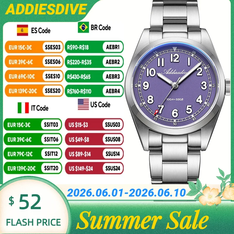 

ADDIESDIVE Sapphire Glass Japan 2035 Waterproof Couple's Watches BGW9 Super Luminous Stainless Steel Band Couple's Wristwatches