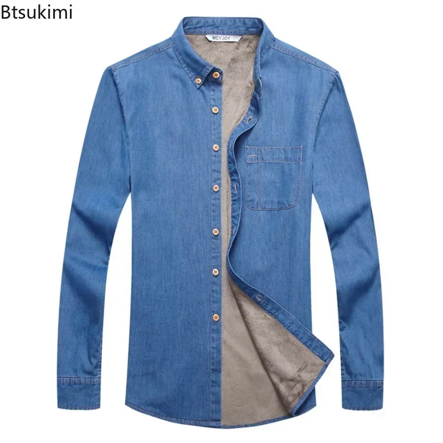 New 2024 Autumn Winter Warm Denim Jeans Dress Shirt Men Fleece Lined Velvet Shirts Button Down Brand Male Bottoming Men\'s Shirt