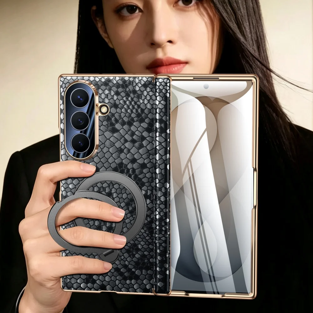 Genuine Leather Glass Film Case for Samsung Galaxy Z Fold8 7 6 5 Dragon Scale‌ Cover