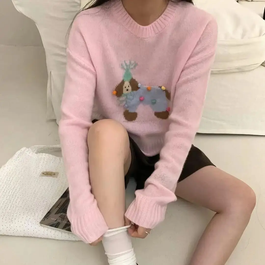 Korean sweater jumper 2024 autumn new colorful puppy embroidery round neck sweet long-sleeved knitted sweater