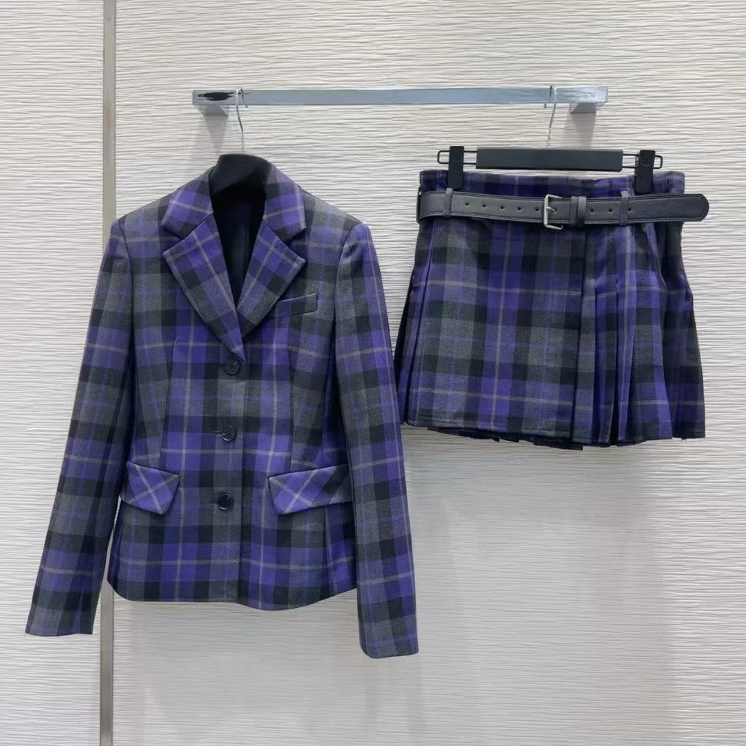 High end customized women's plaid jacket+half skirt set