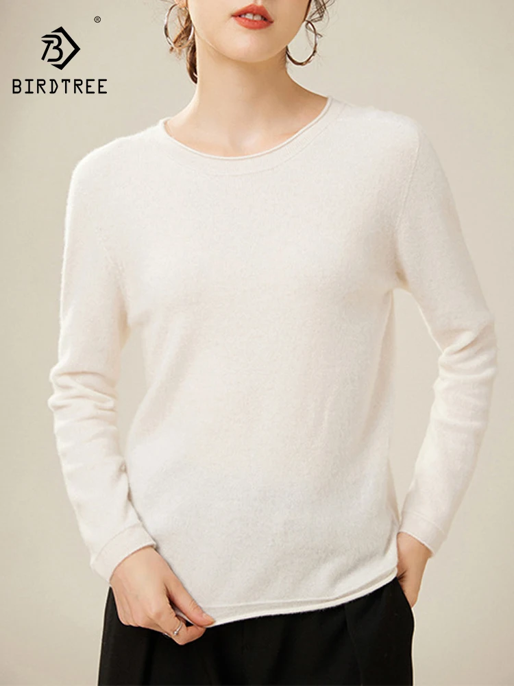 

BirdTree, 100%Pure Cashmere Elegant Sweaters, Women O Neck Curling Edge, Casual Slim Bottom Pullover, 2024 Fall Winter T48092QC