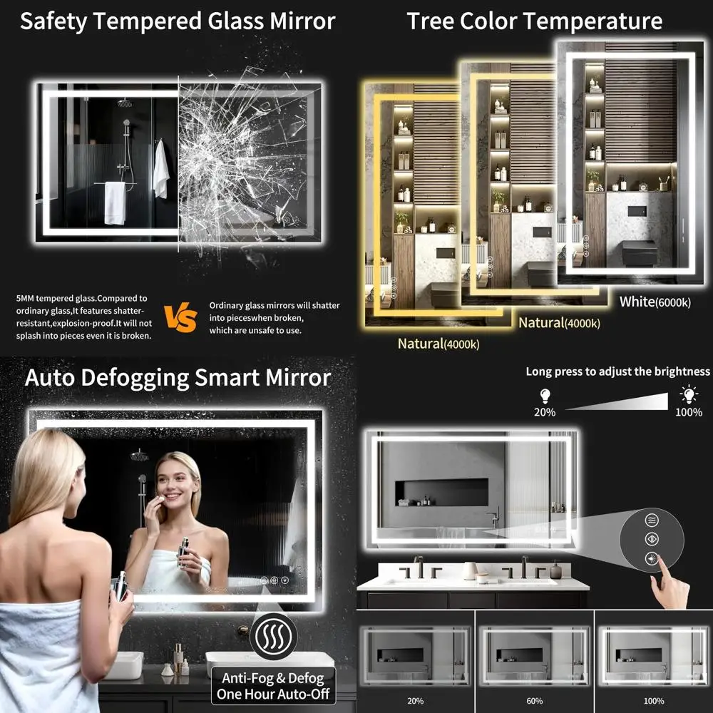 

36x44 LED-Illuminated Bathroom Mirror with 3 Color Options, Anti-Fog and Dimmable Brightness for Vanity, Bath, Entryway, Living