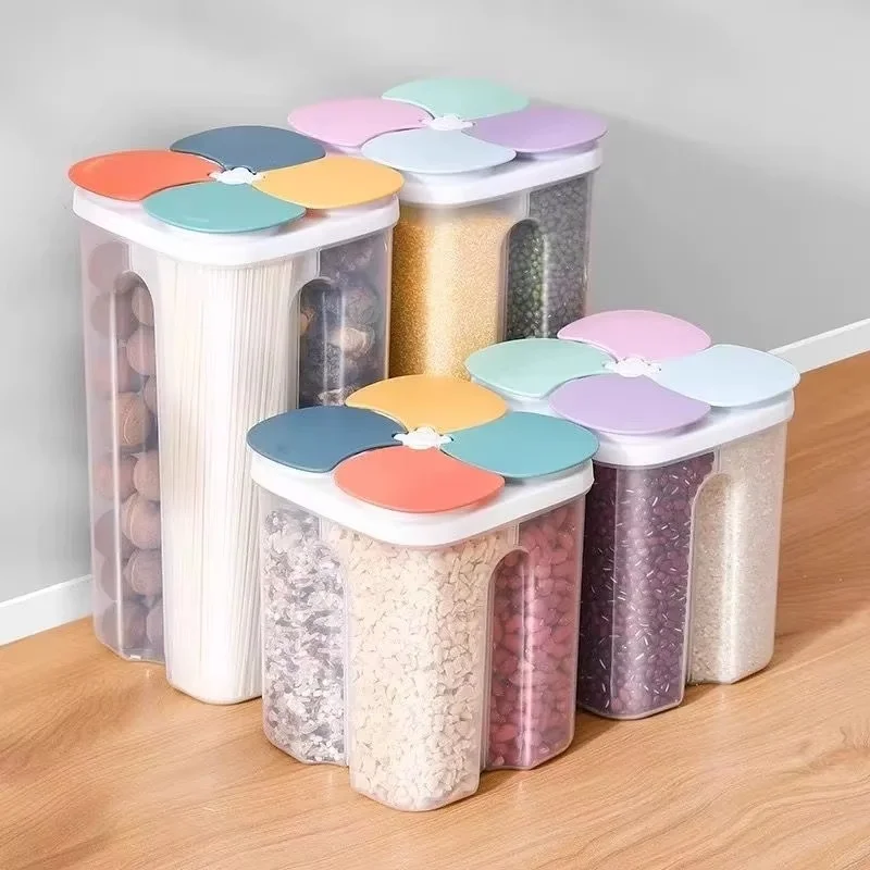 Kitchen Cereals Storage Box Plastic 4 grids Cereals Sealed Jar Food Container Moisture-proof Grain Tank Spaghetti Keep Fresh Box