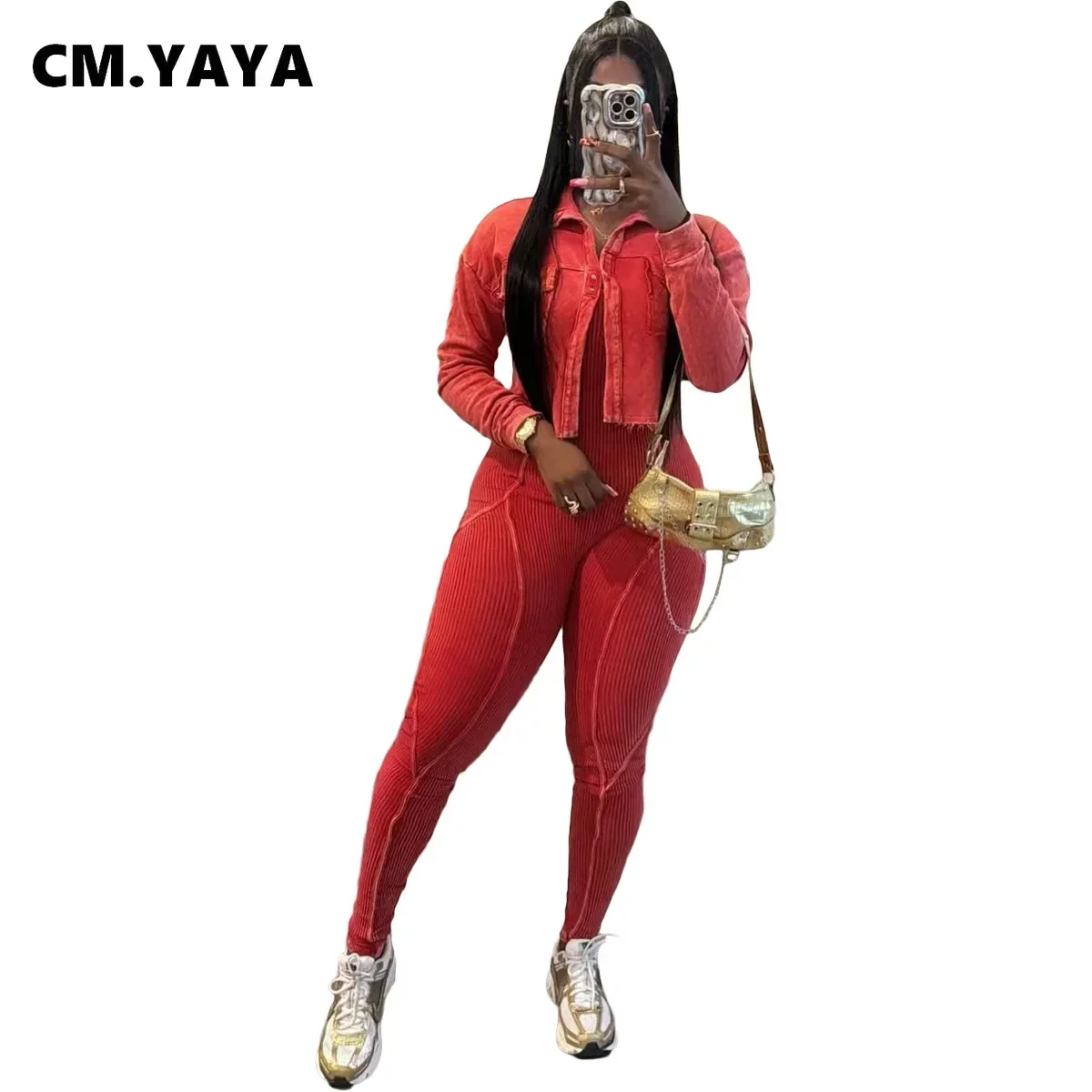 CM.YAYA Fashion Women's Set Washed Knitted Long Sleeve V-neck Coats+pencil Jumpsuits Active Two 2 Piece Set Outfits Tracksuit