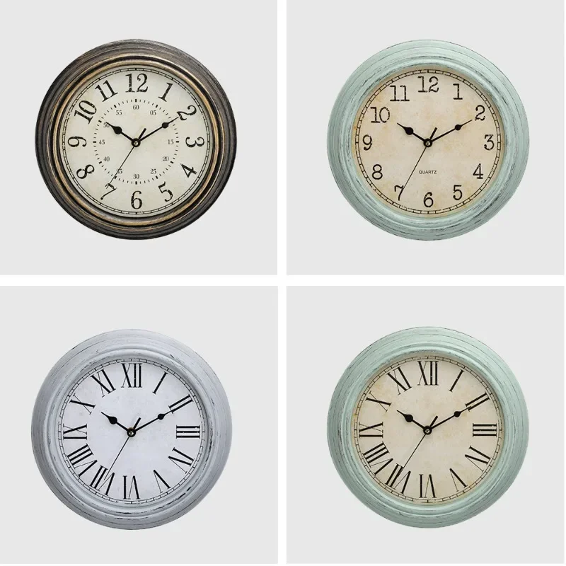 Retro Artificial Aging Decorative Wall Clock American Round Quartz Wall Decorative Clock 12 Inches Home Living Room Accessories