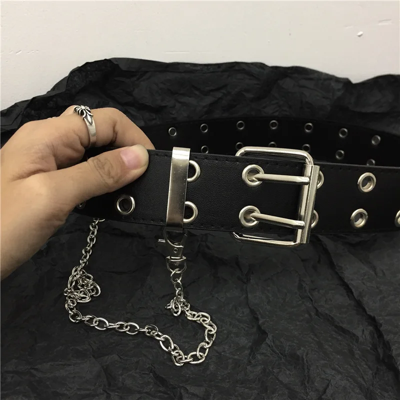 Sabuk Wanita Trendi Model Cincin Ganda dengan Lubang Ganda, Gesper Kulit, Gaya Punk, Sabuk Pin, untuk Gaun Santai, Jeans, Gothic, Ikat Pinggang