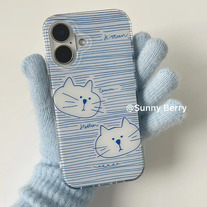 Korean Ins Blue Striped Kitten Cat Y2K Phone Case For iPhone Ultra 18 17 Air 16 15 14 13 12 11 Pro Max Plus Anti-Yellow Cover - view 2