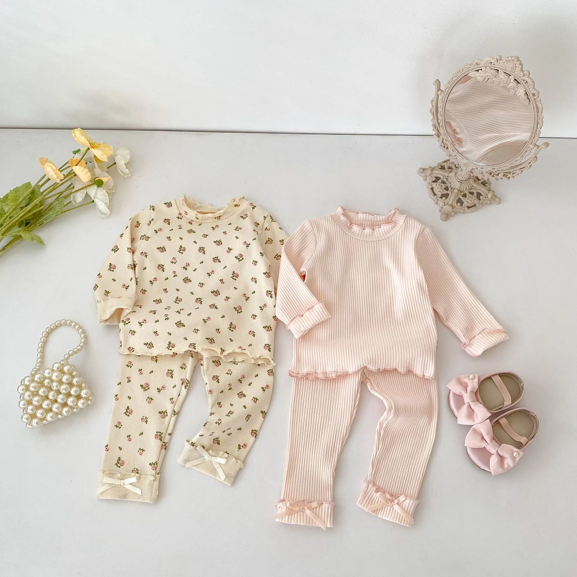 2026 Autumn New Girls Long Sleeve Home Clothes Set Children Floral Ribbed Tops + Bow Leggings 2pcs Suit Toddler Casual Outfits