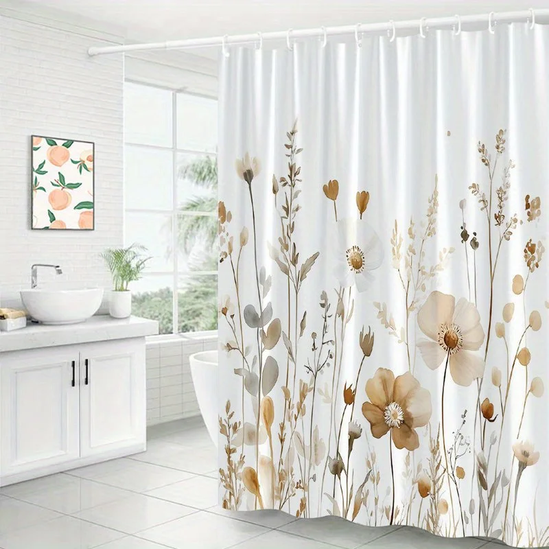 1pc Wildflower Field Shower Curtain - Elegant Watercolor Floral Bathroom Decor with Hooks, Beige/Brown/White Poppies & Wildflowe