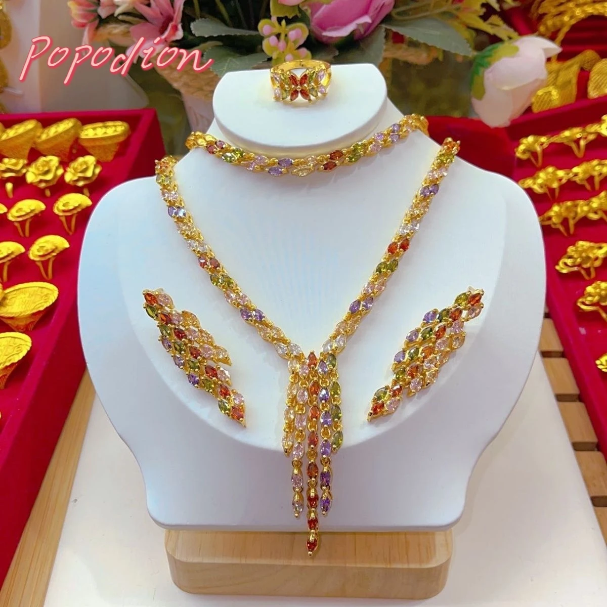 

Popodion New Dubai 24K Gold Plating Jewelry Necklace Earrings Bracelet Women's Ring Bridal Wedding Jewelry Set Of Four YY10320