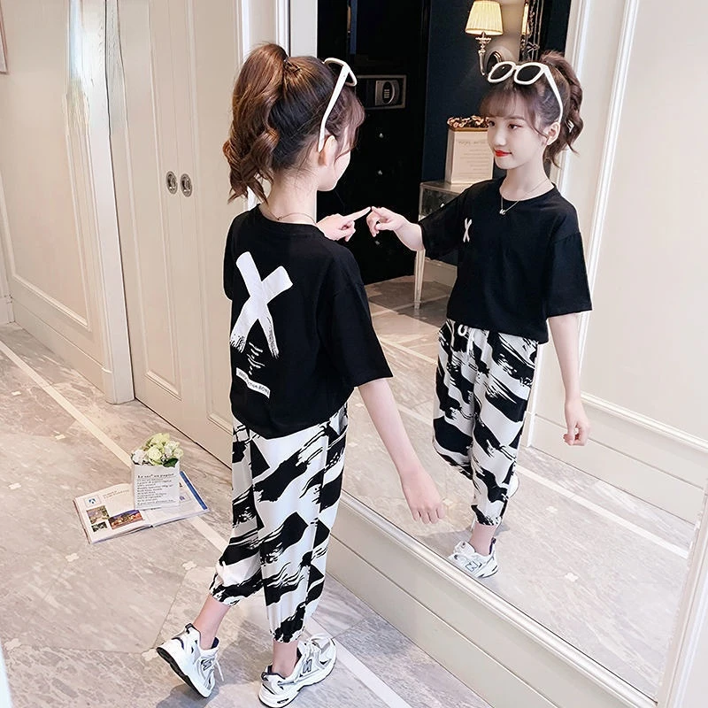 Girls Summer Casual Sports Suit Childrens Korean Style Fashionable Short-sleeved Cropped Pants Two-piece Suit Kids Sets 7 11 12y