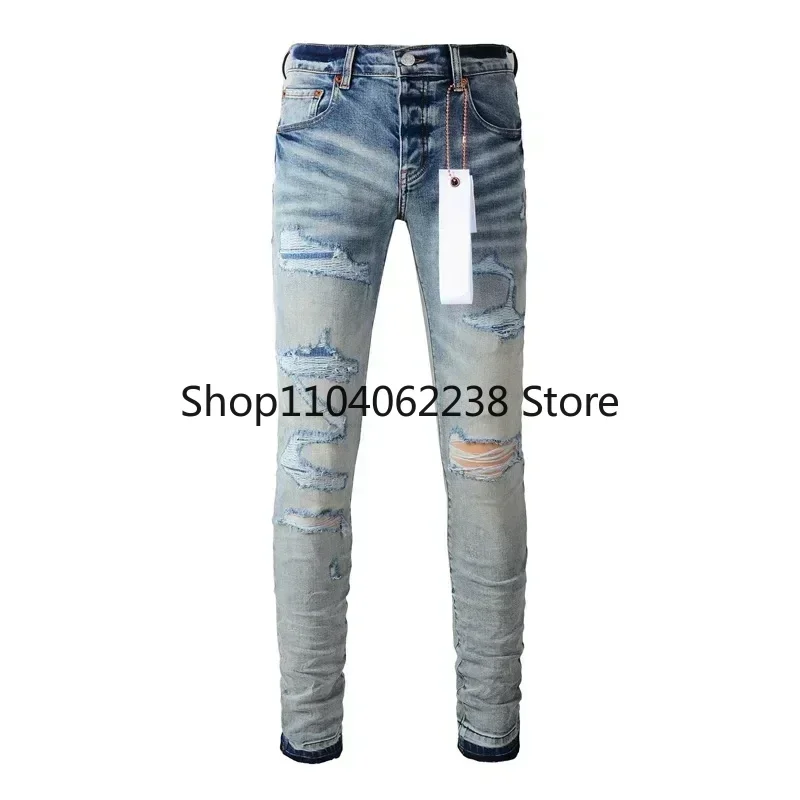 

2024 Fashion Purples jeans man brands with distressed hole patches Fashion Repair Low Rise Skinny Denim pants 28-40 size