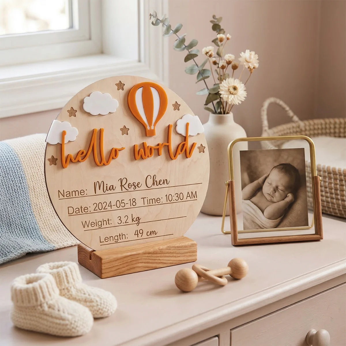 15cm Runde 3D Naturholz-Plakette mit Erhöhter Acryl-Beschriftung 'Hello World' zur Geburtsanzeige, Foto-Requisite – Detail 2