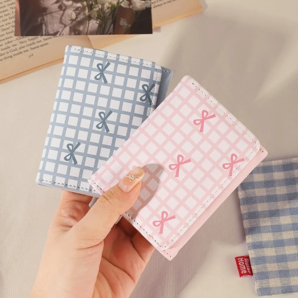 New PU Leather Short Wallet Foldable Multi Card Slot Coin Purse Grid Bow Print Card Holder