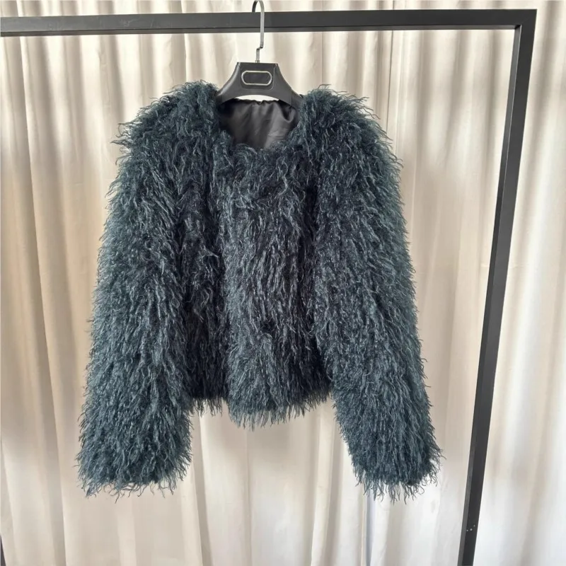 New women's fur coat mixed round-neck thickened top