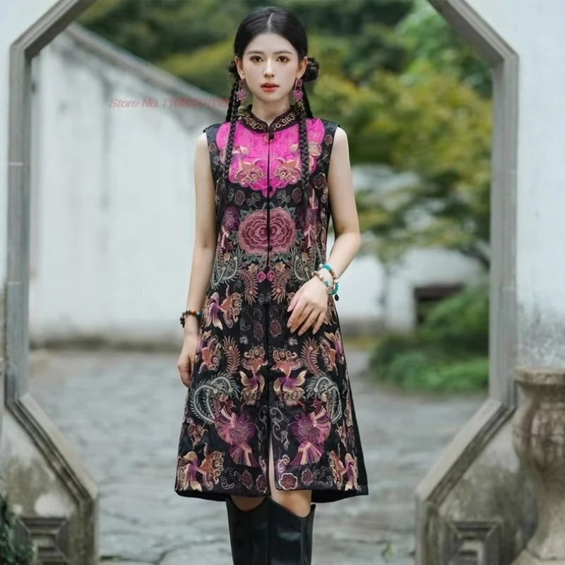 

2025 chinese vintage hanfu tops traditional satin jacquard stand collar vest national flower embroidery vest sleeveless jacket