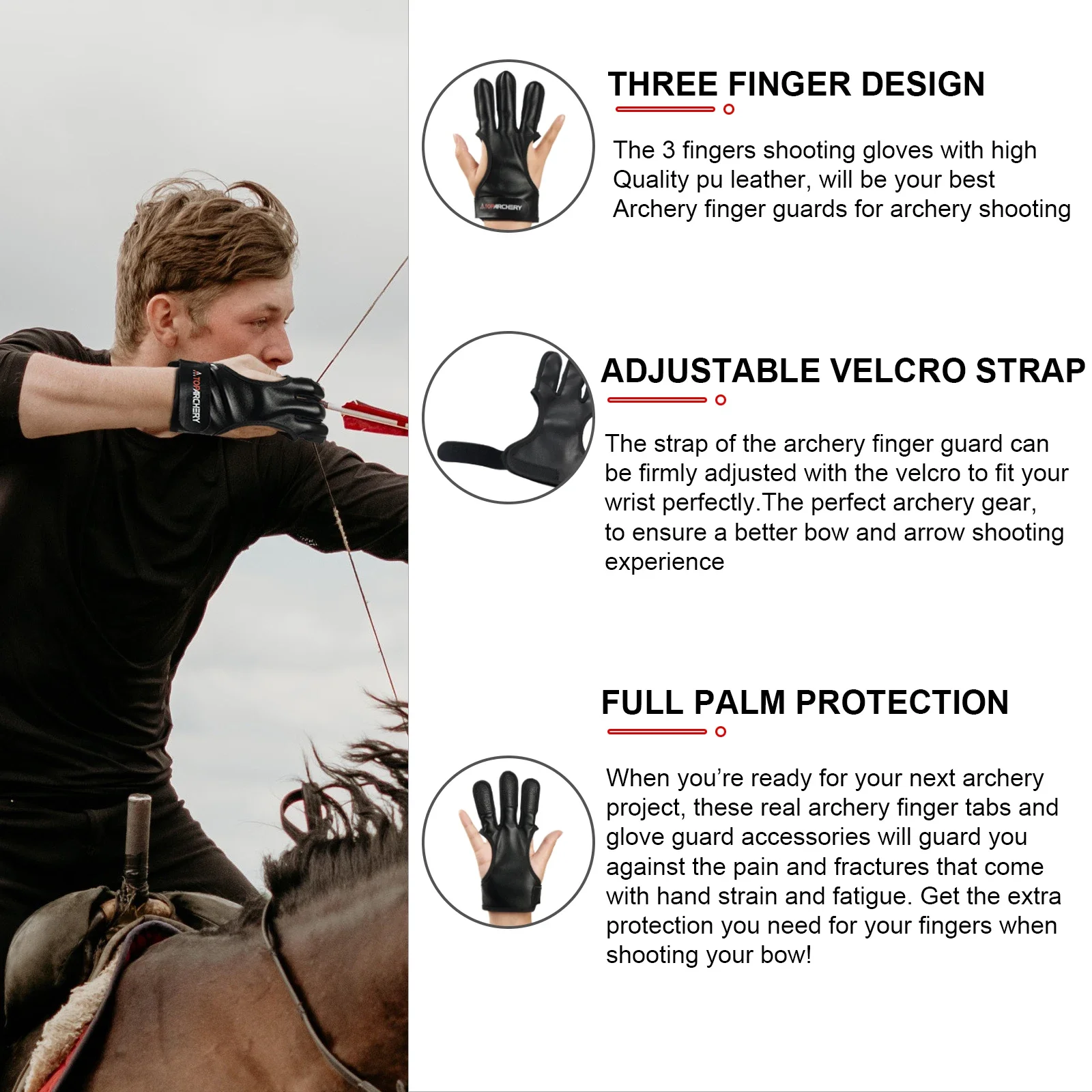 Toparchery Archery Armguard Black PU Finger Glove Outdoor Hunting Shooting Bow Arrows Accessories