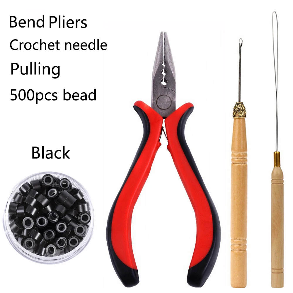 Hair Extension Kit Pliers Pulling Hook Bead Device Tool Kits and 500PCS Black Silicone Lined Micro Rings