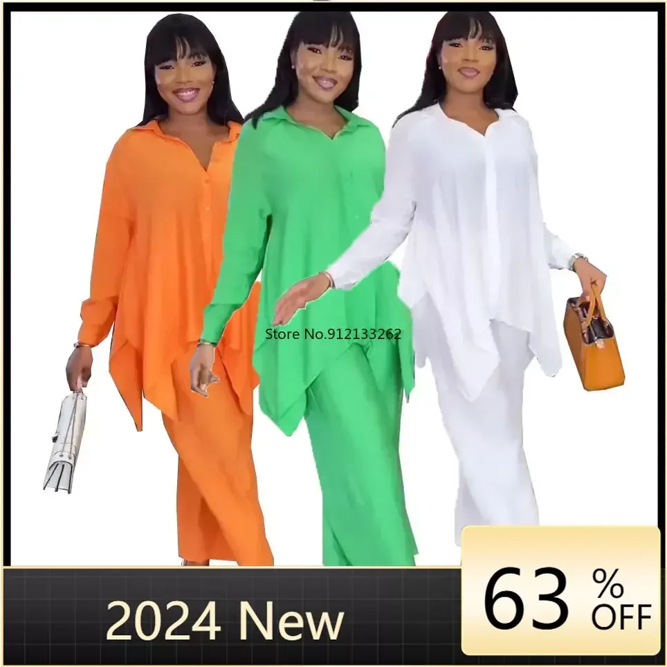 

African Suit 2023 Spring Summer African Women Long Sleeve V-neck Polyester Orange Green White Two Pieces Sets Top and Long Pant