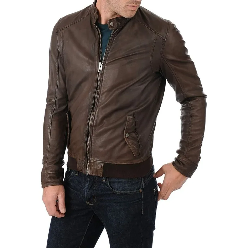 Men's Handmade Biker Leather Jacket Real Genuine NAPA Snap Collar Vintage Bomber