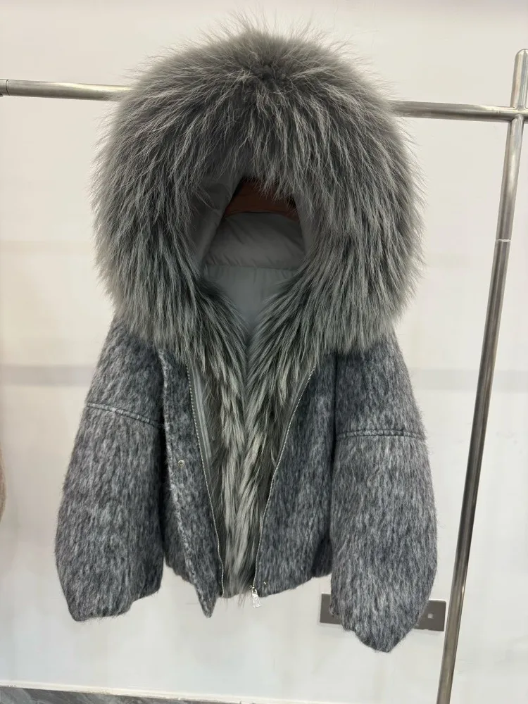 Reality Pelzmäntel Woolen Damen Winter Daunenjacke Pelz Echtmantel Gänsedaunenmäntel & Parkas Echter Waschbärpelz Jacke weiblich