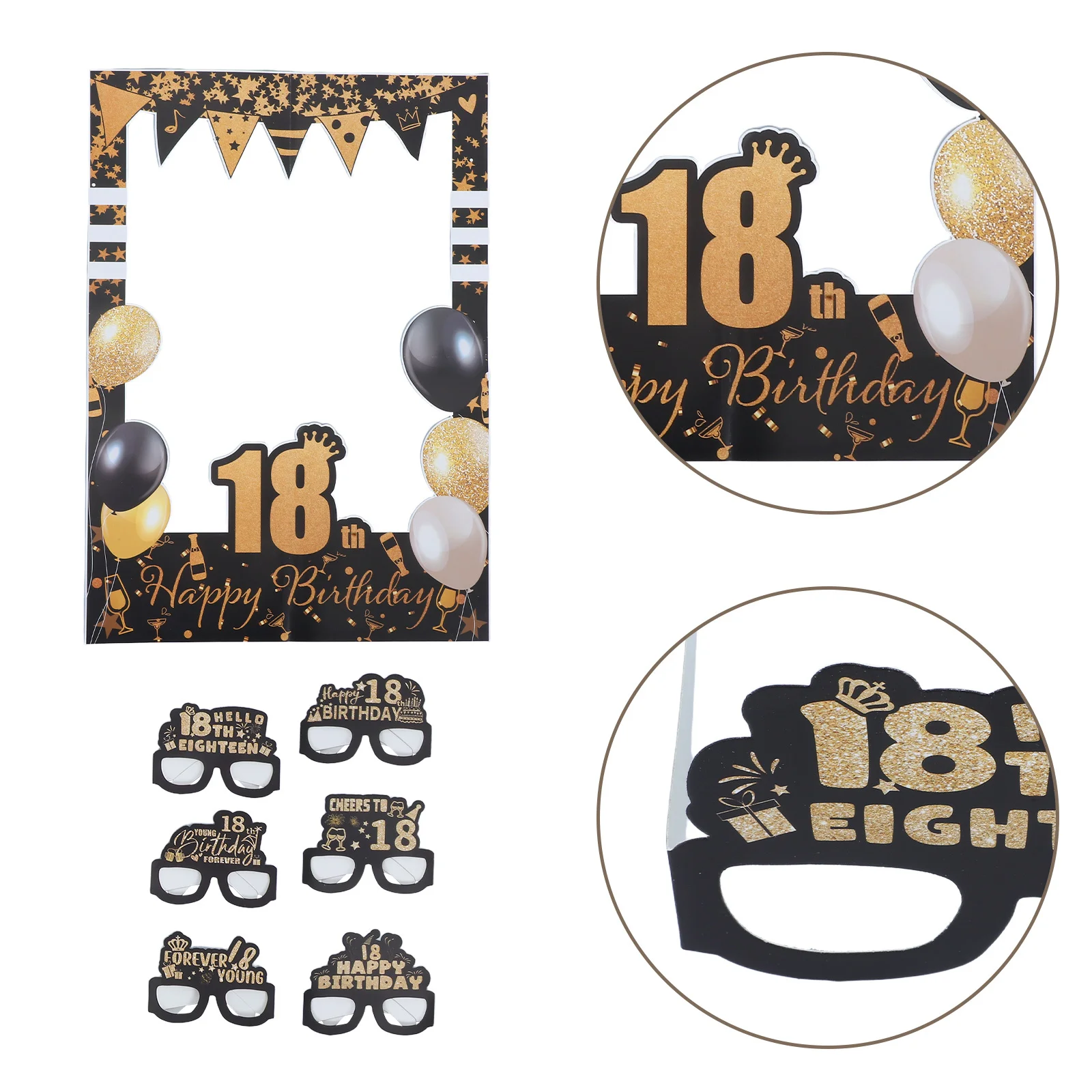 

1Set Birthday Photo Frame Black Gold Paper Glasses Stylish 18th Party Photo Booth Selfie Props Kit Paper Glasses for Parties